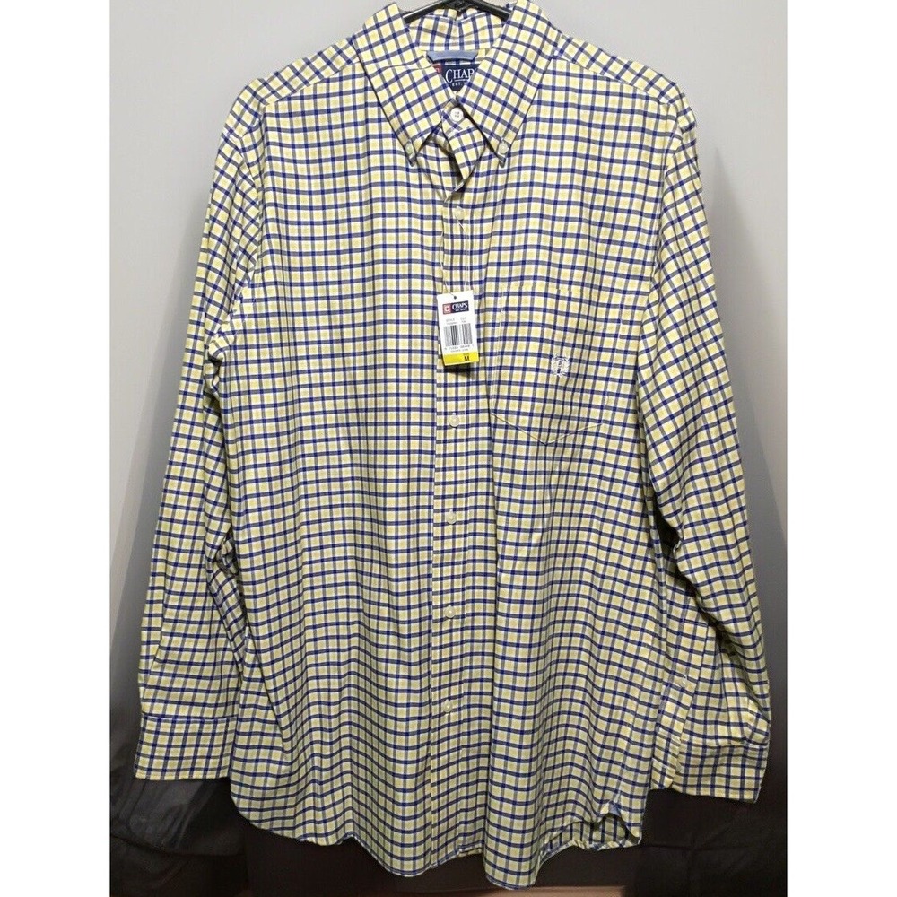 Plaid Button Down Chaps Mens Long Sleeve Shirt Cotton Blend M Blue Yellow